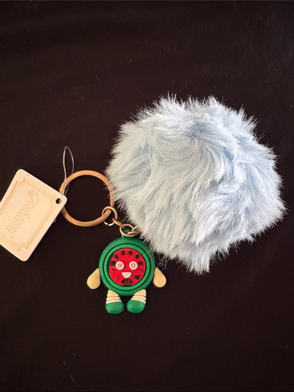 Fluffy Light Blue Pom Pom Bag Charm Keychain with Cute Watermelon Charm